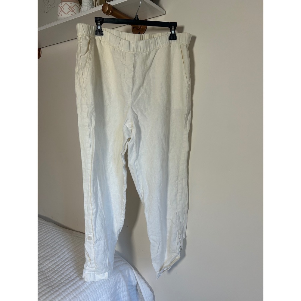 Pure Jill‎ Linen Pants Women's XL White Elastic Waist Button Roll Tab Casual